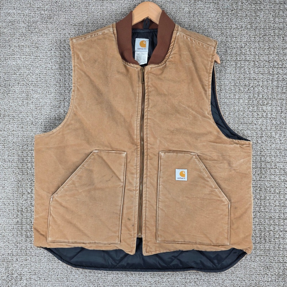 Vintage Carhartt V01 BRN Quilt Lined Duck Vest Mens XL Brown Canvas Workwear USA